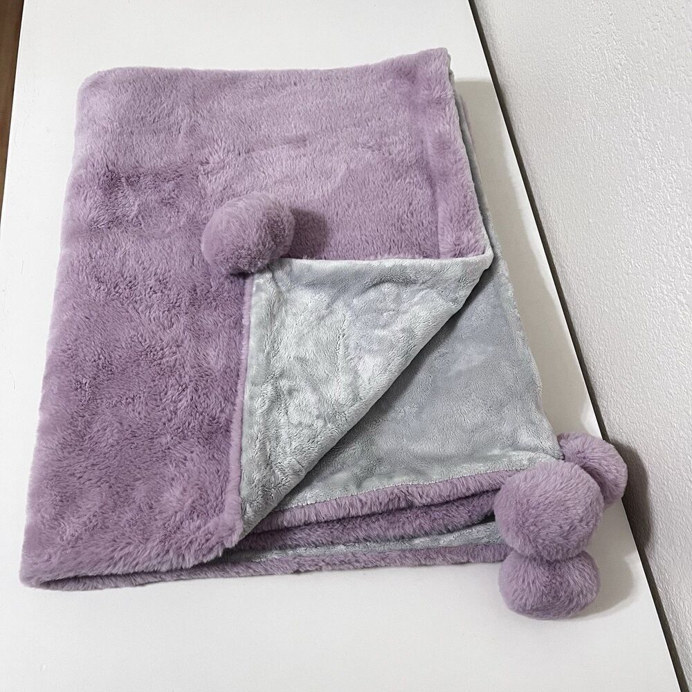 Mayoral Newborn Violet Gray Pom Pom Baby Blanket Lovey Lovie Blankie Plush